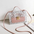 Mini borsa quadrata trasparente con paillettes, manico in pelle rosa e chiusura dorata - Rosa