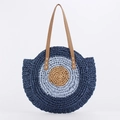 Minimalist round woven paper rope shoulder bag featuring blue evil eye pattern - Dark Blue