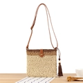 Fashion woven straw crossbody bag in beige and brown with elegant leather strap and tassel - Dark Brown