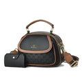 Elegantes Handtaschen-Set aus schwarzem Leder mit braunem Besatz und Schultergurt - Schwarz