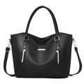 Bolso tote de cuero granulado negro con adornos dorados y correa ajustable de mujer - Negro