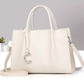 Chic beige lychee leather tote bag with silver C charm and detachable shoulder strap - 29*10*21CM / Off White