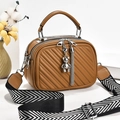 Brown quilted crossbody bag with three zip compartments and stylish wide strap - Earthy Yellow