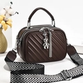 Deep brown quilted shoulder bag with striped wide strap and silver bear pendant - Coffee