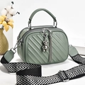 Fashionable pea green tote with multi-layer zippers and striped canvas shoulder strap - Green