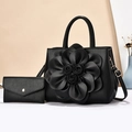 Set borsa nera alla moda con rose in pelle 3D e portafoglio a busta coordinato - Nero