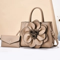 Elegant khaki leather handbag set with 3D floral accents and matching small wallet - Khaki