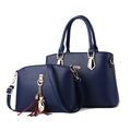 Navy blue two-piece handbag set with lychee grain leather and elegant cat pendant charm - Sapphire Blue