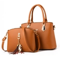 Caramel brown leather tote and crossbody bag set with gold cat charm and tassel - Earthy Yellow