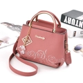 Pink lychee leather handbag with rose embroidery and gold handle for women - Dusky Pink