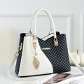 Black and white DH letter jacquard tote bag with golden leaf pendant for women - Black and White