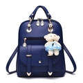 Dark blue PU leather backpack with gold zippers and a cute plush bear charm accessory - Dark Blue