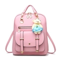 Pink PU leather student backpack for women featuring a cute plush bear pendant accessory - Pink