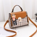 Plaid square crossbody bag with brown leather flap and cute bear pendant charm - Khaki/Earth Yellow