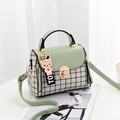 Fashionable light green and plaid crossbody bag for women with a cute bear charm - Green