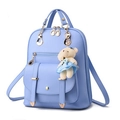 Light blue faux leather backpack with gold hardware and a cute plush bear pendant - Light Blue