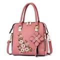 Pink fashion handbag with floral daisy embroidery and adjustable shoulder strap - Pink