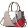 Women's color-block handbag with beige, grey and red leather patchwork and gold buckles - Khaki