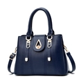 Dark blue Boston style handbag in lychee texture leather with gold metallic drop lock - Dark Blue
