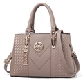 Elegant taupe embroidered handbag in lychee leather texture with gold metal buckle - Khaki