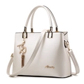 Elegant white grainy leather handbag with golden Aimiery logo and tassel pendant - White