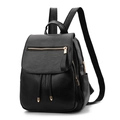 Minimalist black leather backpack for women with gold zippers and drawstring details - Black
