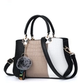 Women's tricolor faux crocodile leather handbag with fur pom-pom charm and shoulder strap - Black
