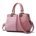 Pink patchwork woven handbag with adjustable strap and refined leather texture - Style 2 Woven Pink