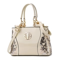 Cream patent leather tote bag with sequin embroidery and gold circular logo - White