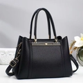 Elegant black lychee leather tote bag with gold hardware and adjustable shoulder strap - Black