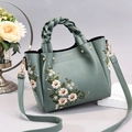Bean green crossbody bag with pink flower embroidery and woven handles for women - Green