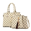 Set borsa tote e tracolla beige con motivo floreale nero e ciondolo con nappina dorata - Bianco Crema con Naturale