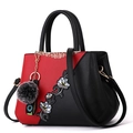 Red and black color-block tote bag with floral embroidery and fluffy ball charm - Steel Bar Style / Burgundy