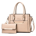 Set borsa a mano e portafoglio beige con goffratura floreale e logo in metallo - Cachi