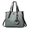 Retro grey-green tote bag for women with contrast brown handles and gold hardware - Green