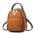 Mini casual brown pebbled leather backpack with dark brown straps and golden zippers - Khaki/Earth Yellow