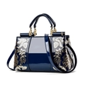 Navy blue patent leather handbag featuring sparkling floral sequin embroidery detail - Double-sided Embroidery / Dark Blue