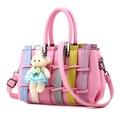 Pink woven pattern tote bag with teddy bear pendant and crossbody strap for women - Pink