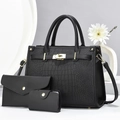Three-piece elegant black crocodile pattern handbag set with golden hardware and accessories - Black
