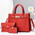 Three-piece red tote bag set with crocodile texture and gold hardware lock for women - Wine Red