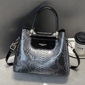Elegant crocodile pattern tote bag with dual handles and crossbody strap in gradient grey - Black