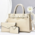 Three-piece beige handbag set with crocodile pattern, top handle and crossbody straps - Off-white