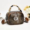 Brown snake skin leather handbag with silk scarf handle and woven strap for women - Khaki