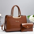 Detail of dark brown faux crocodile leather tote and matching envelope clutch set - 2-Piece Set (Main Bag + Wallet) / Khaki/Earth Yellow
