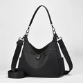 Minimalistische schwarze Nylon-Tragetasche mit verstellbarem Schultergurt - Knopf-Dekorationsstil