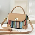 Woven striped crossbody bag with khaki leather flap and gold metal turn-lock closure - Light Khaki