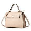 Beige crocodile embossed leather trapezoid handbag with gold buckle and shoulder strap - 26CM*9CM*19CM / Khaki