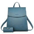 Dark blue pebbled leather backpack for women with matching cylindrical pouch purse - Blue