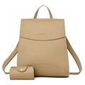 Women's minimalist khaki leather backpack set with matching coin purse for daily use - Khaki