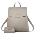 Grey pebbled leather backpack and matching pouch set with minimalist gold hardware - Gray